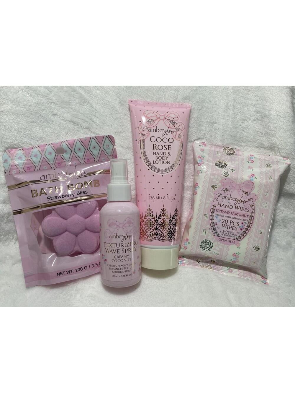 AMBER GLOW  Set of 4:  Hand wipes,  Wave Spray, Body Lotion & Bath Bomb